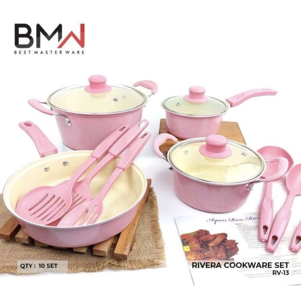 READY Panci Set 13 Pcs Marble Teflon Cookware Set Rivera BMW  warna panci set Spatula serbaguna