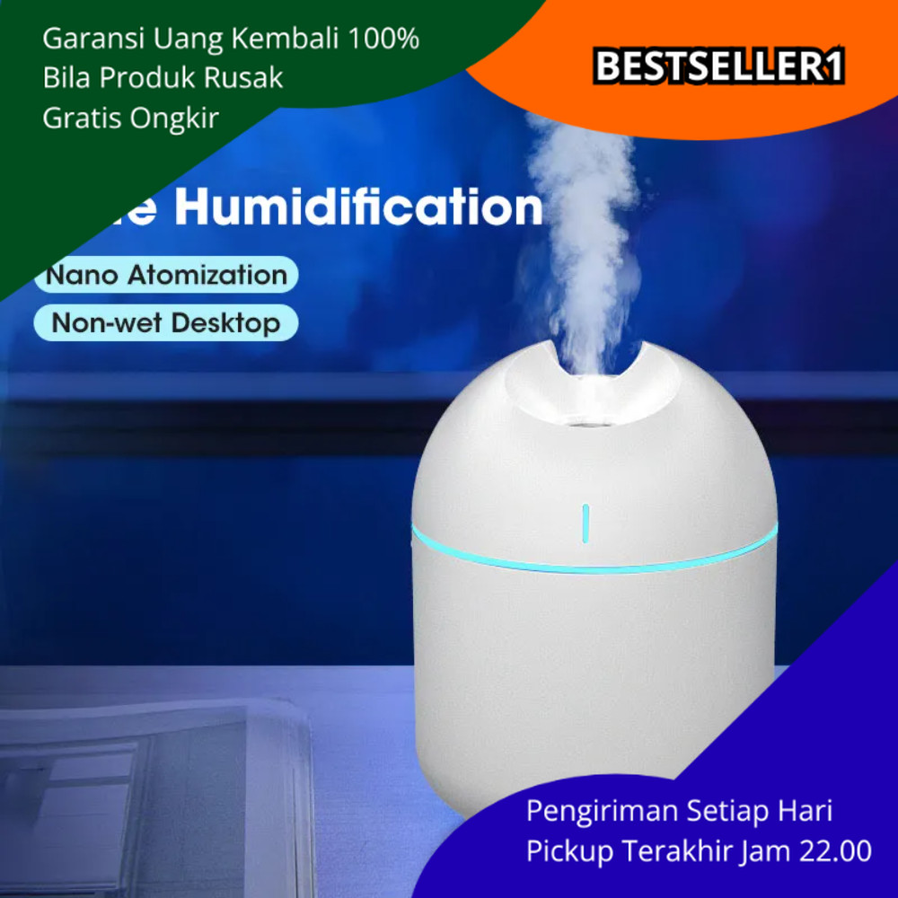 Air Humidifier Mini Ultrasonic Diffuser 250ml Dengan Night Light LED Senyap Untuk Ruangan AC Kamar T