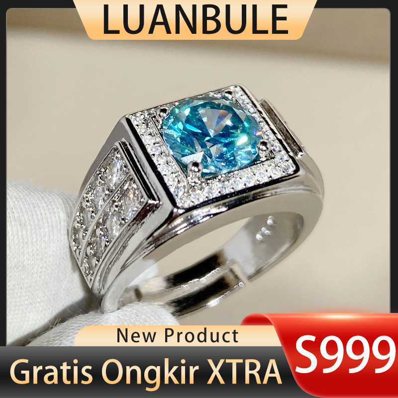 LUANBULE Cincin Pria Batu Zircon Biru Hijau Mewah Perak S999