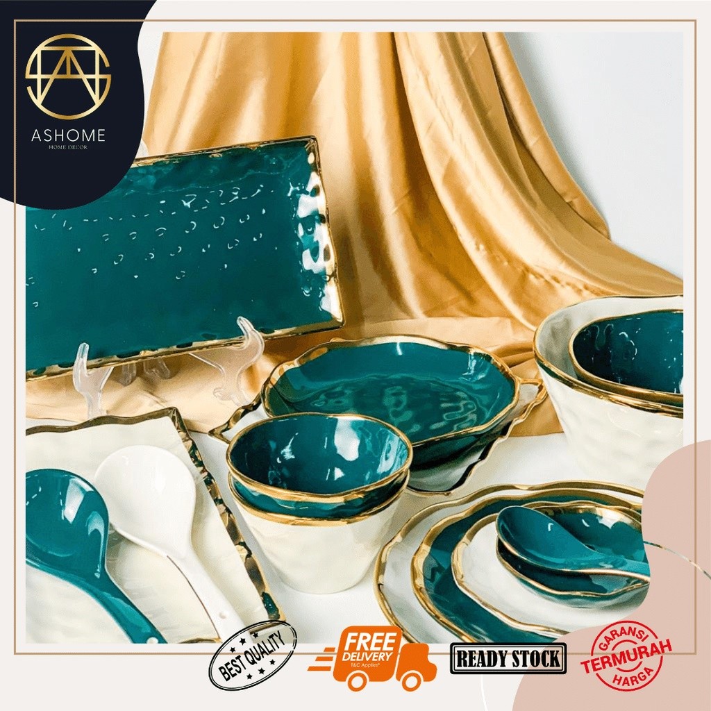 RoyalHuis Piring Set 2 Orang Piring Makan Set Keramik Motif Gelombang Isi 9 Pcs / Piring Set Keramik