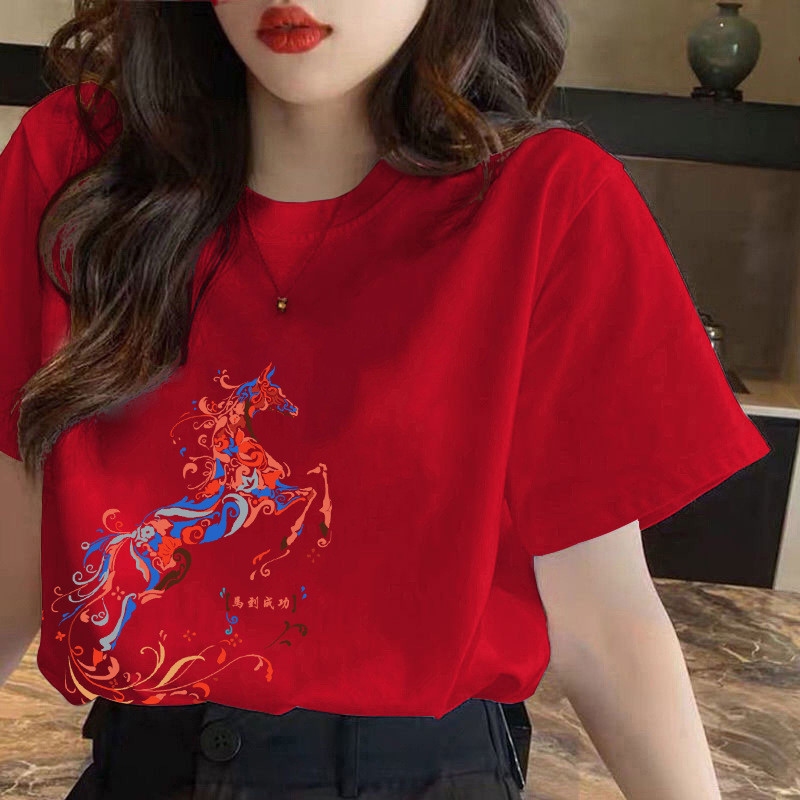 Kaos T-shirt Lengan Pendek Katun Wanita - Atasan Wanita Warna Merah Natal - Berbagai Motif Cetak