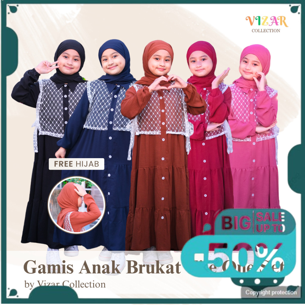 Beli 2 Lebih Murah Vizar Kids - Gamis Anak Perempuan Set Hijab Cringkel Gamis Brukat Tile Gamis Tang