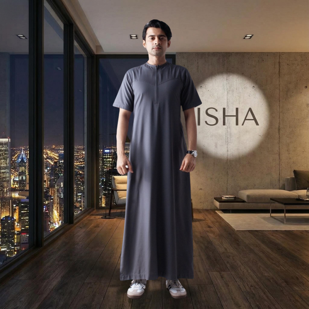 Jubah Pria Dewasa Gamis Laki Muslim Lengan Panjang Zipper Kerah Kemeja