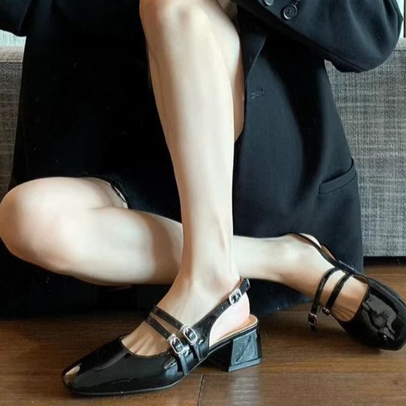 Sandal Wanita Hak Tebal Baru, Sepatu Mary Jane Merah Retro Tanpa Tali Belakang