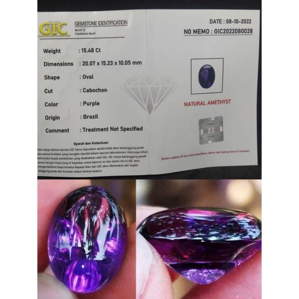 Batu Natural Purple Amethys Brazil/Kecubung  Ungu Big Size Plus Memo GIC