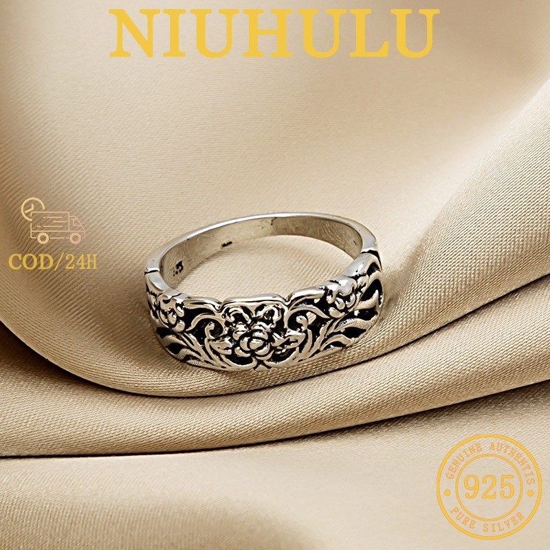 Cincin Mawar Hitam Thailand Vintage Perak Sterling 925 Untuk Wanita