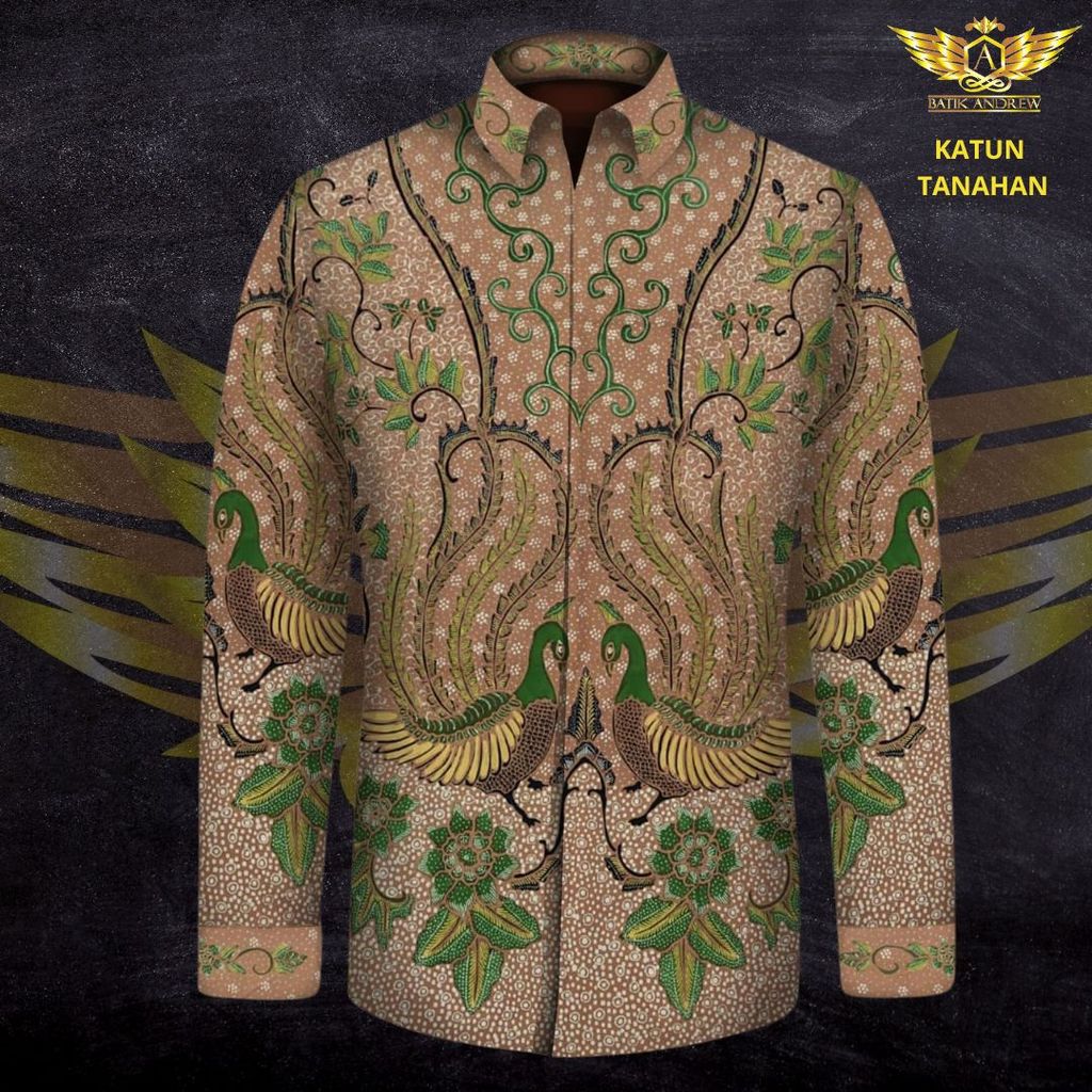 KAIN BATIK TULIS ASLI TANAHAN MOTIF 1 BAHAN KAIN KATUN BURUNG MERAH KEMEJA PRIA POLA BURUNG HIJAU ME