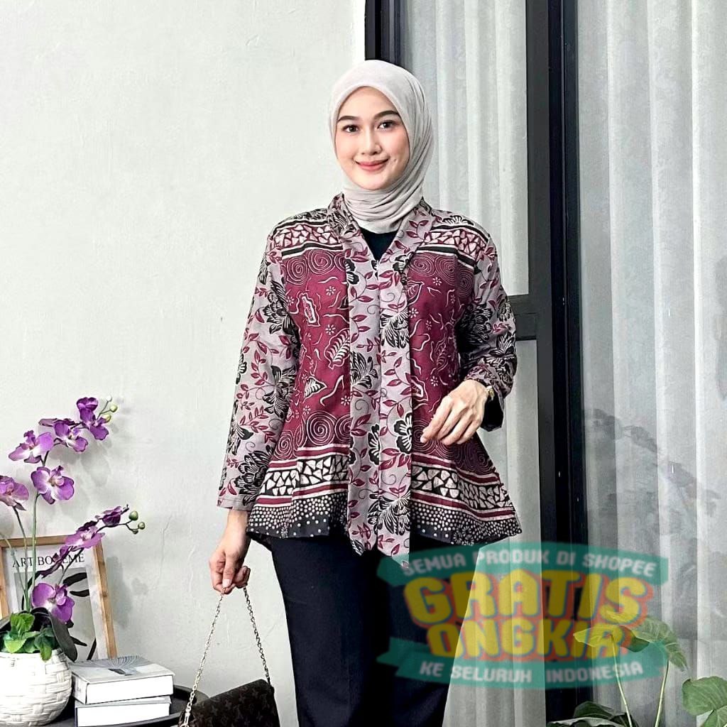Kebaya Batik Wanita Atasan Cewek Blus Lengan Panjang Kutubaru Kartini Modern Kantor Motif Banyak C5/