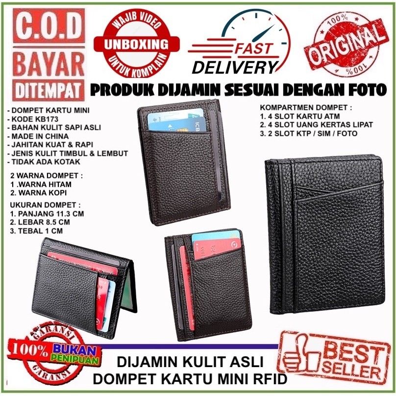 Bayar di Tempat  Bowen KB173 Dompet Kartu Mini Tipis Anti Ribet Bahan Kulit Asli Kilat Lilin Kulit J