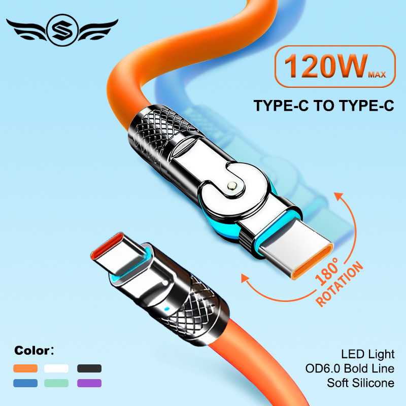 1M/2M Type C Silicone Rotating Elbow Cable 6A Super Fast arge USB C to C Data Cable Durable Flexible