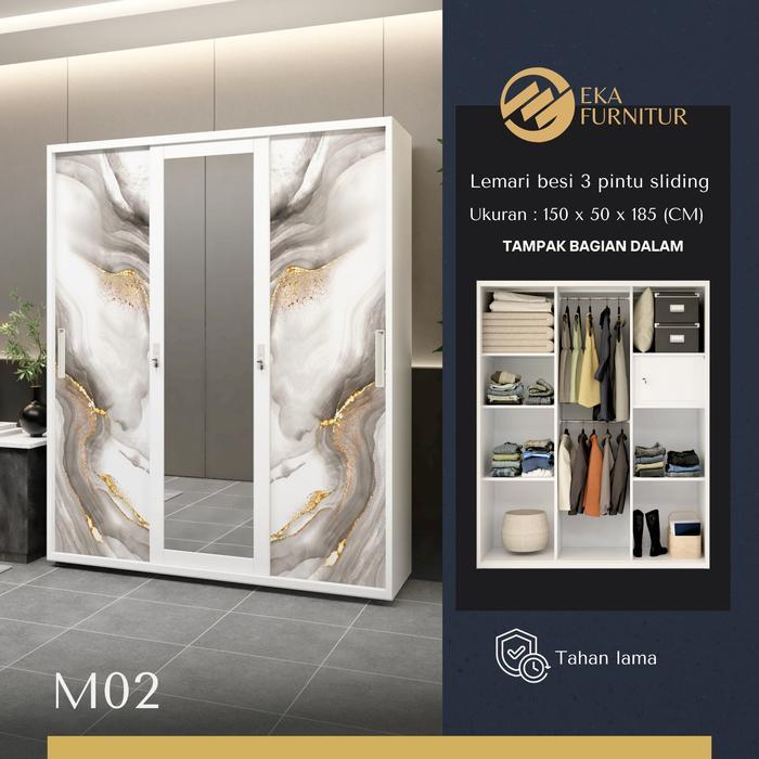 EKA Lemari Pakaian Besi Sliding 3 Pintu 150cm 2 Batang Rak Baju Cermin Minimalis Lemari Pakaian Mode