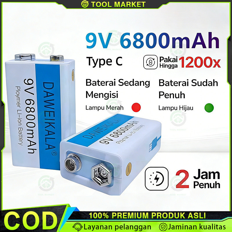 Baterai 9 V Rechargeable Li-ion USB Type-C 6800 MAh D 9V / Baterai 9v Rechargeable Volt Bisa Dicas K