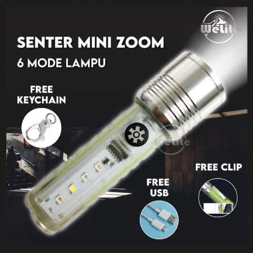 Senter Saku Mini 500 Lumens 8 Mode Cas Zoom Waterproof LED Flashlight  Magnet Glow In The Dark