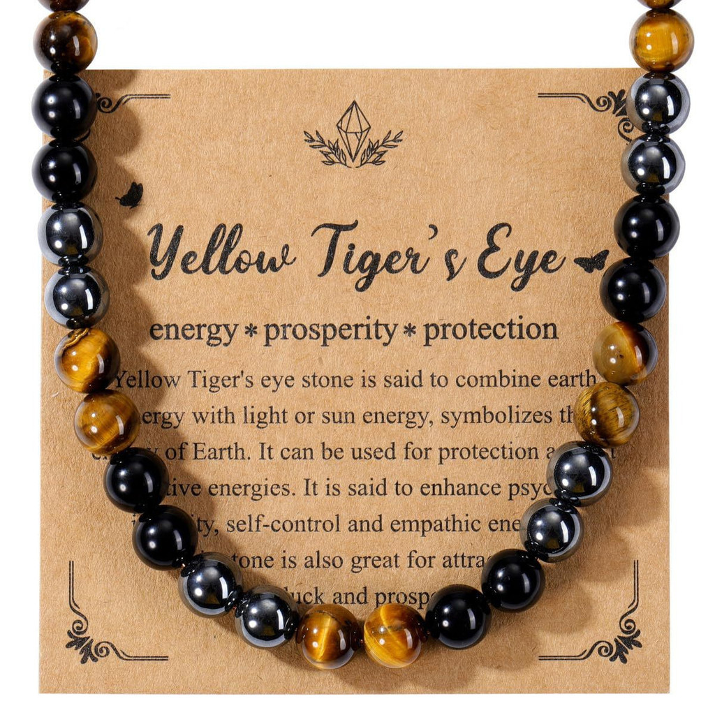 Men's Gift Necklace Obsidian Hematite Natural Tiger Eye Necklace Birthday Friendship Men's Yellow Ti