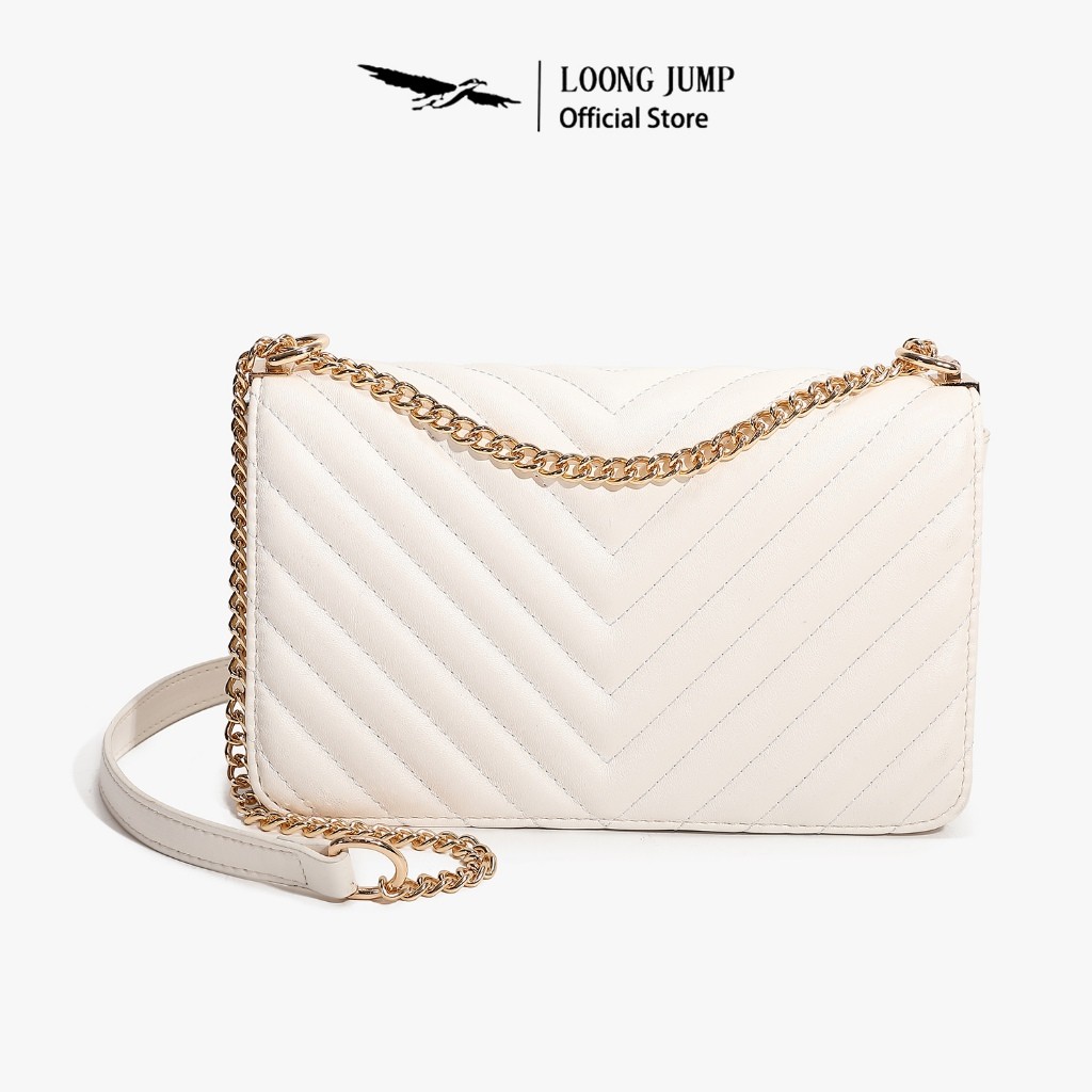 LOONG JUMP Tas Selempang Wanita Minimalis Warna Putih Rantai Emas Multifungsi Cocok Kerja Pesta