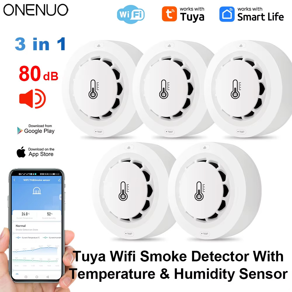 Detektor Asap Tuya Wifi BT Dua Koneksi, Alat Pengukur Suhu dan Kelembapan, Alarm Suara 80dB, Fungsi 