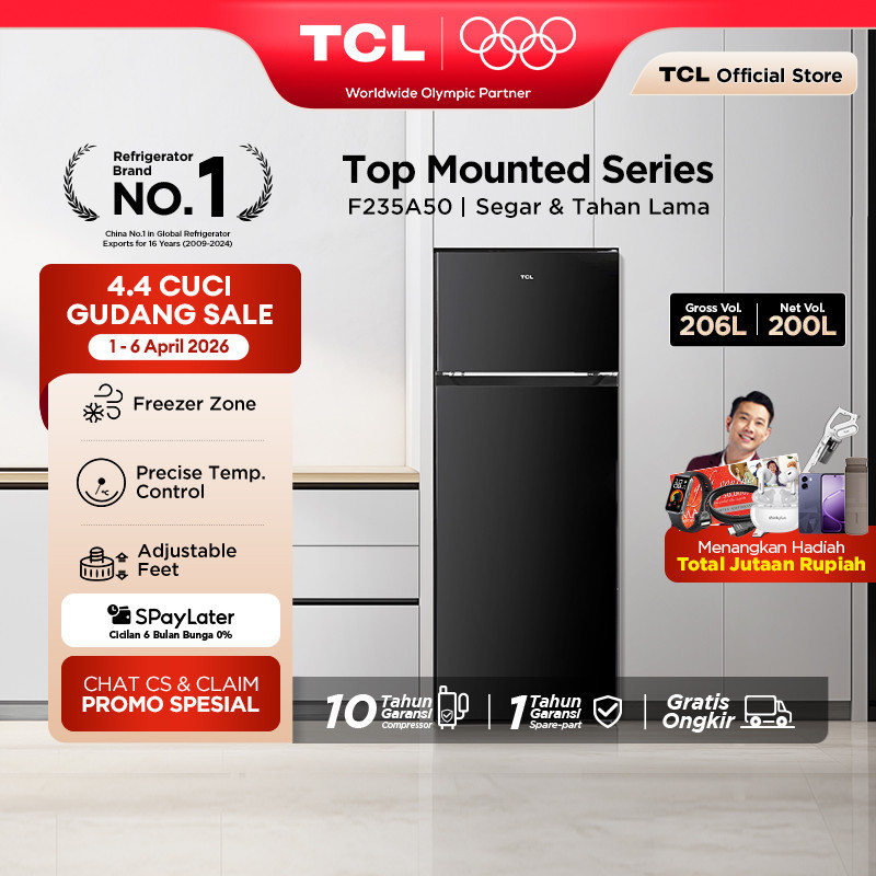 FO [BIGGER CAPACITY] ] TCL Kulkas 2 Pintu (Refrigerator) - Kapasitas 206L - Electronic Control - Adj