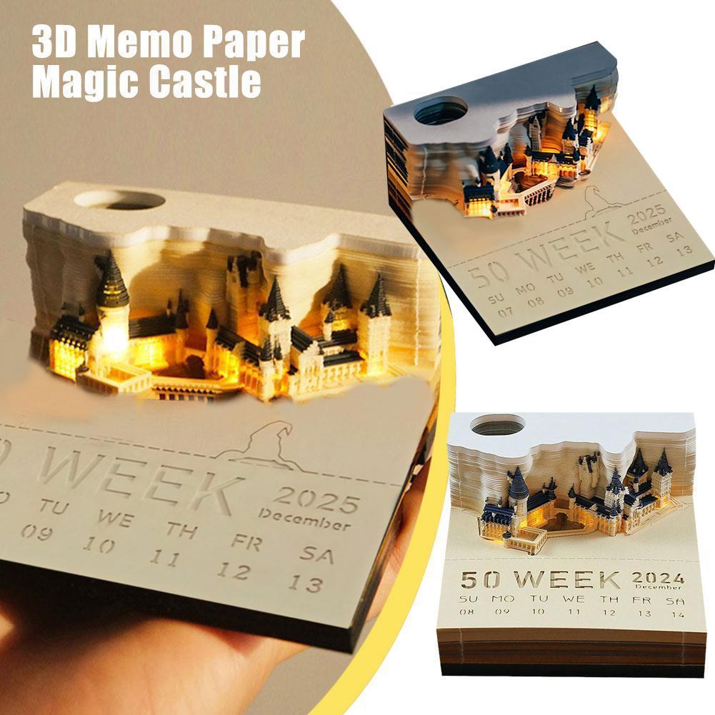 3D Memo Pad, 2024 Desk Calendar Memo Pad, 3D Magic Castle Weekly Calendar Notepad with Light Station