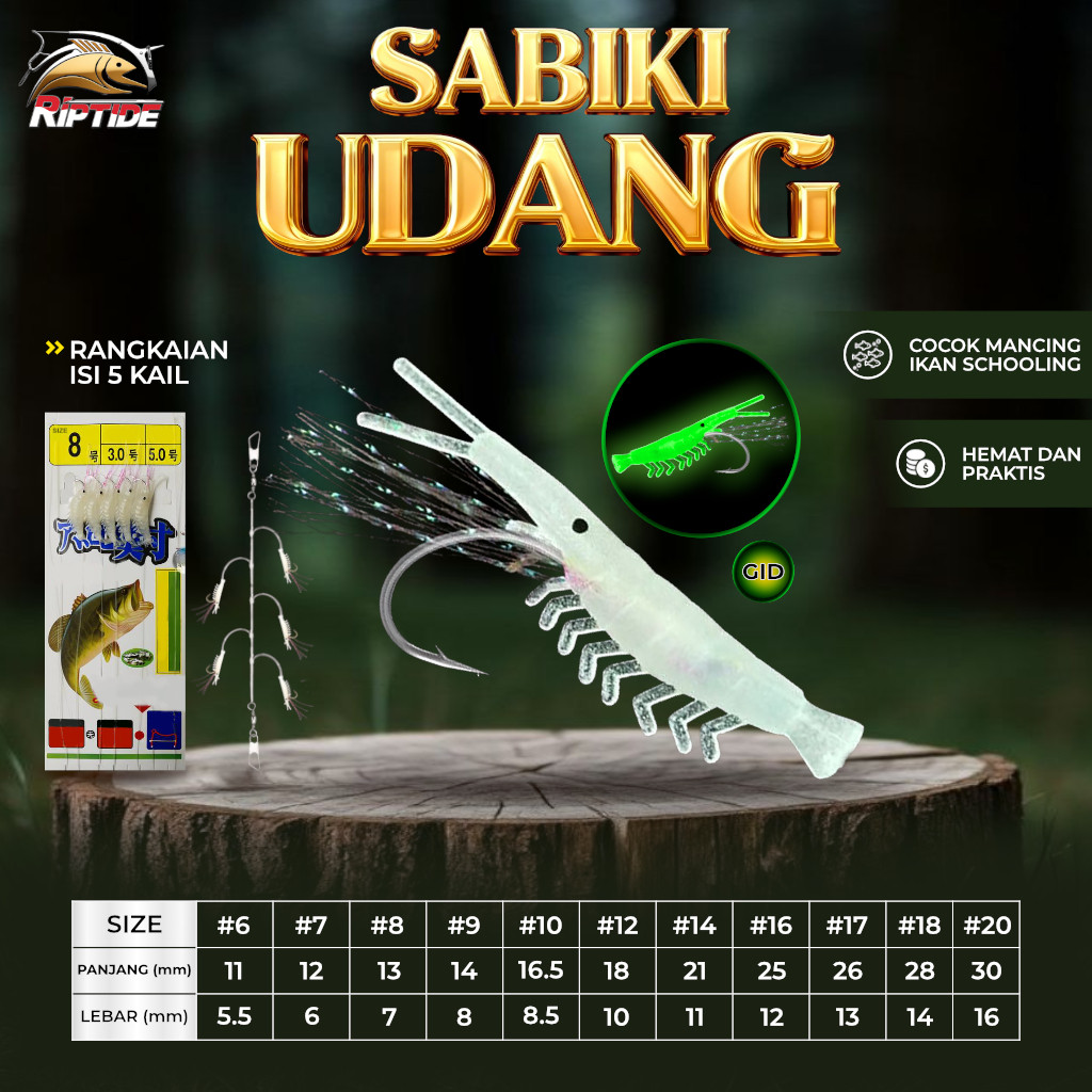 SABIKI RIPTIDE UDANG GID UMPAN PANCING IKAN SELAR KEMBUNG TEMBANG - RANGKAIAN KAIL UDANG FOSFOR