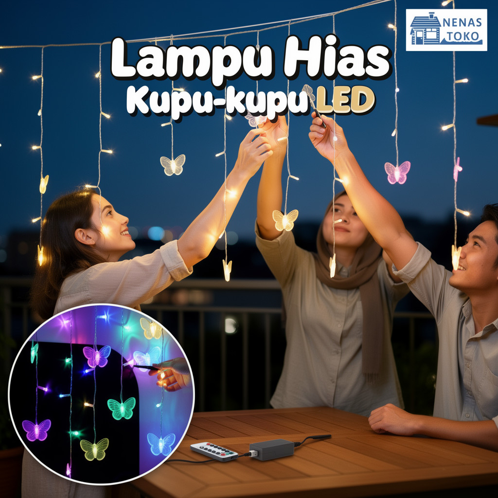 lampu tirai kupu kupu led usb remote timer dekorasi kamar tidur indoor outdoor pesta natal
