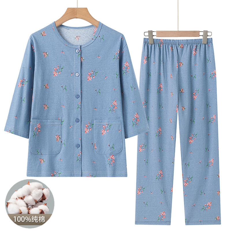Setel Piyama Lansia Wanita Katun Lengan Pendek Celana Panjang Musim Panas Baju Rumah