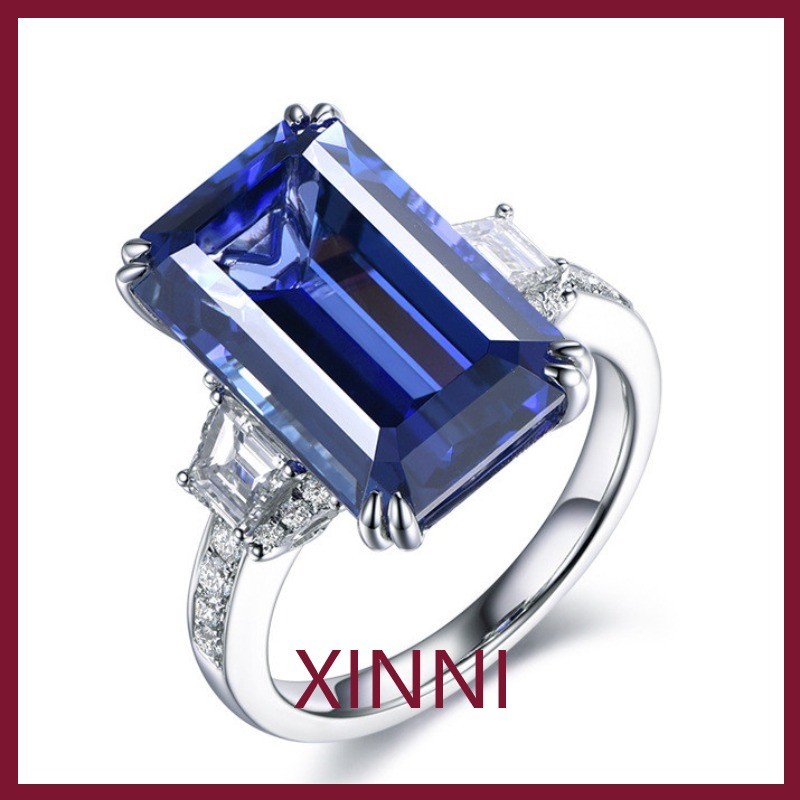 XINNI Cincin Terbuka Perhiasan Fashion S925 Baru Elegan Persegi Panjang Safir Simulasi Tanzanite yan