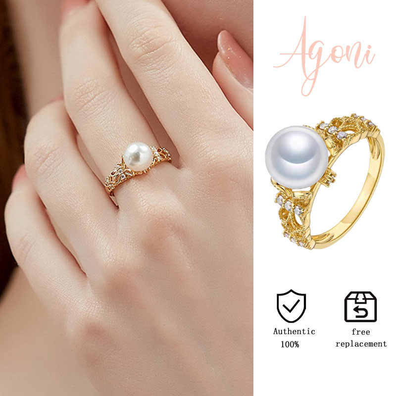 Cincin Terbuka Kupu-Kupu Bunga Cangkang Mutiara Segar Mewah Ringan Berlapis Emas