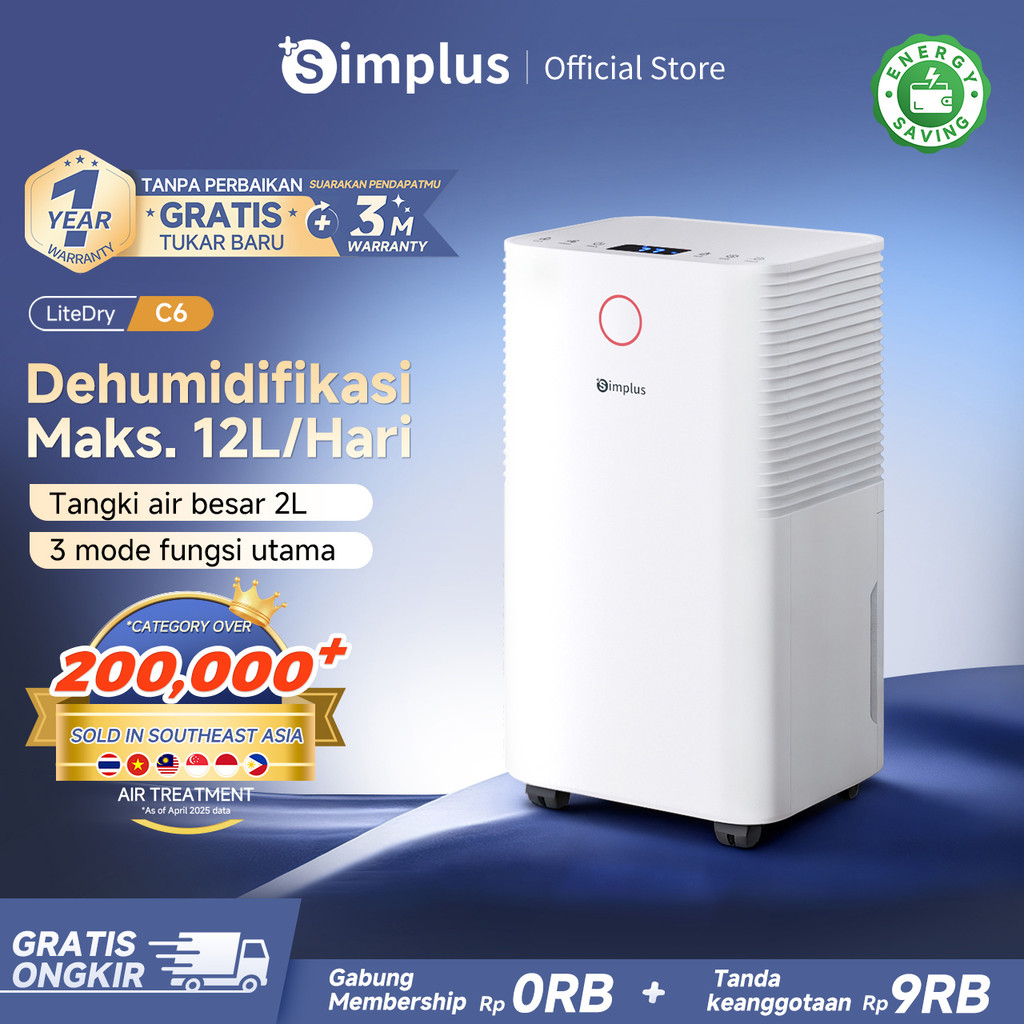Simplus Dehumidifier Kompresor 2L Dehumidify up to 12L/Day 3 Modes Touch Operation