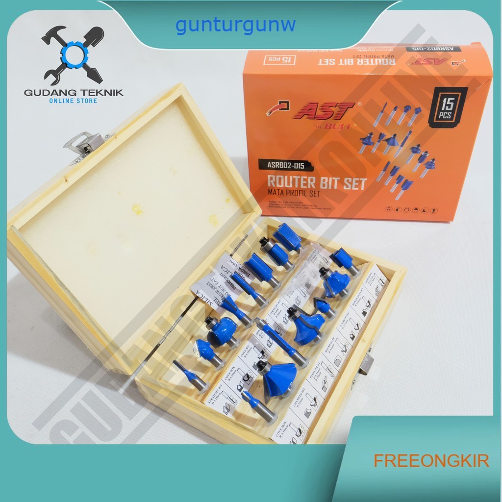 AST ASRB02-015 Mata Profil Router Bit 1 Set 15pcs Mata Trimmer Kayu Tool 1 Set 15 pcs / Mata Pisau P