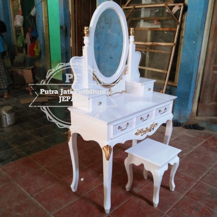 Teermurah Furniture Jati Meja Rias Klasik Warna Putih Duco Tolet Ukir Kayu Jati A