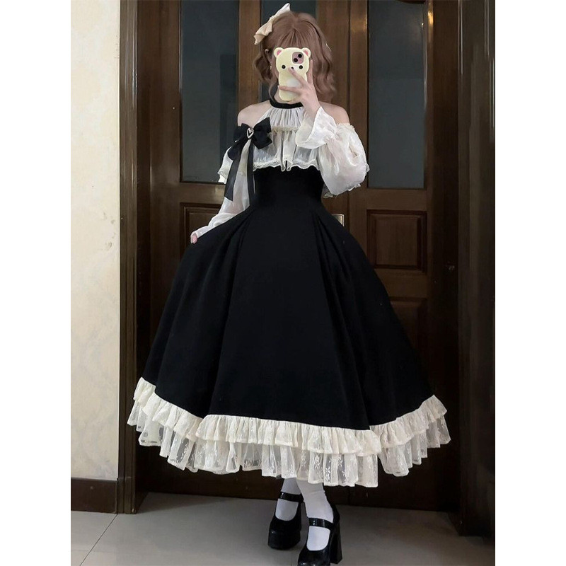 Elegant Star Shadow Lolita Long Sleeve Dress New Bowknot Long Dress
