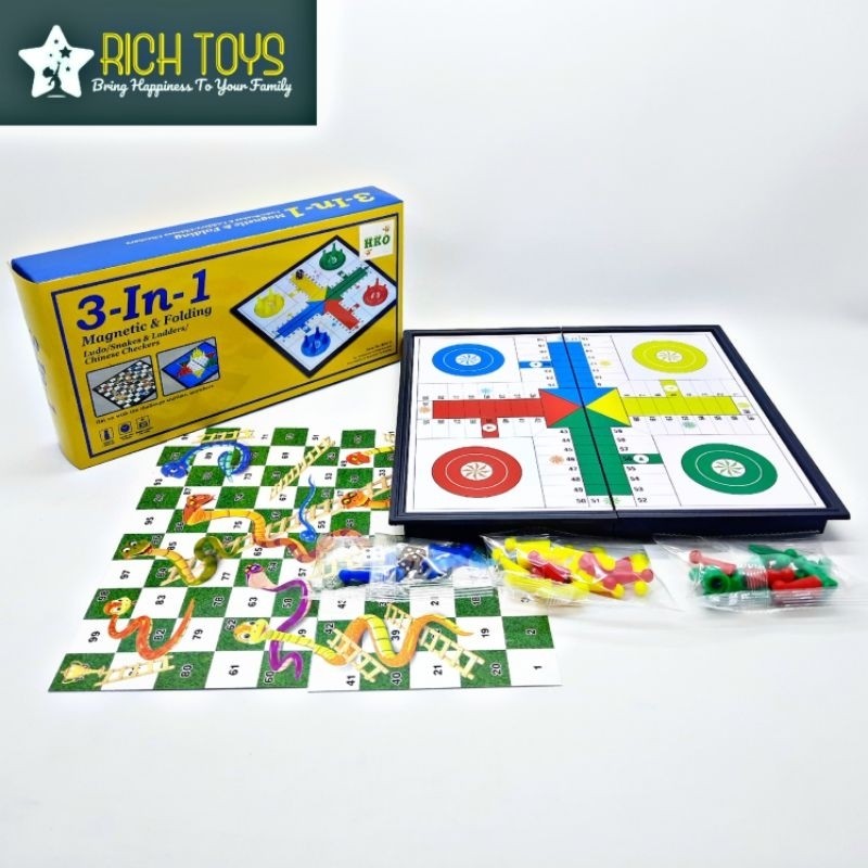 (Kiza) Magnetic Folding 3in1 Mainan Board Game Ludo Ular Tangga Halma Edukasi Anak 6+ Tahun Praktis 