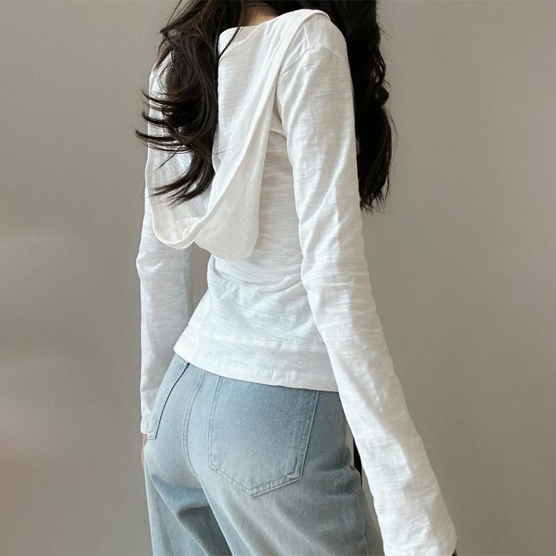 Hoodie Zipper V-neck putih/Kaos Kardigan Lengan Panjang Polos/Atasan Pelindung Matahari Tipis