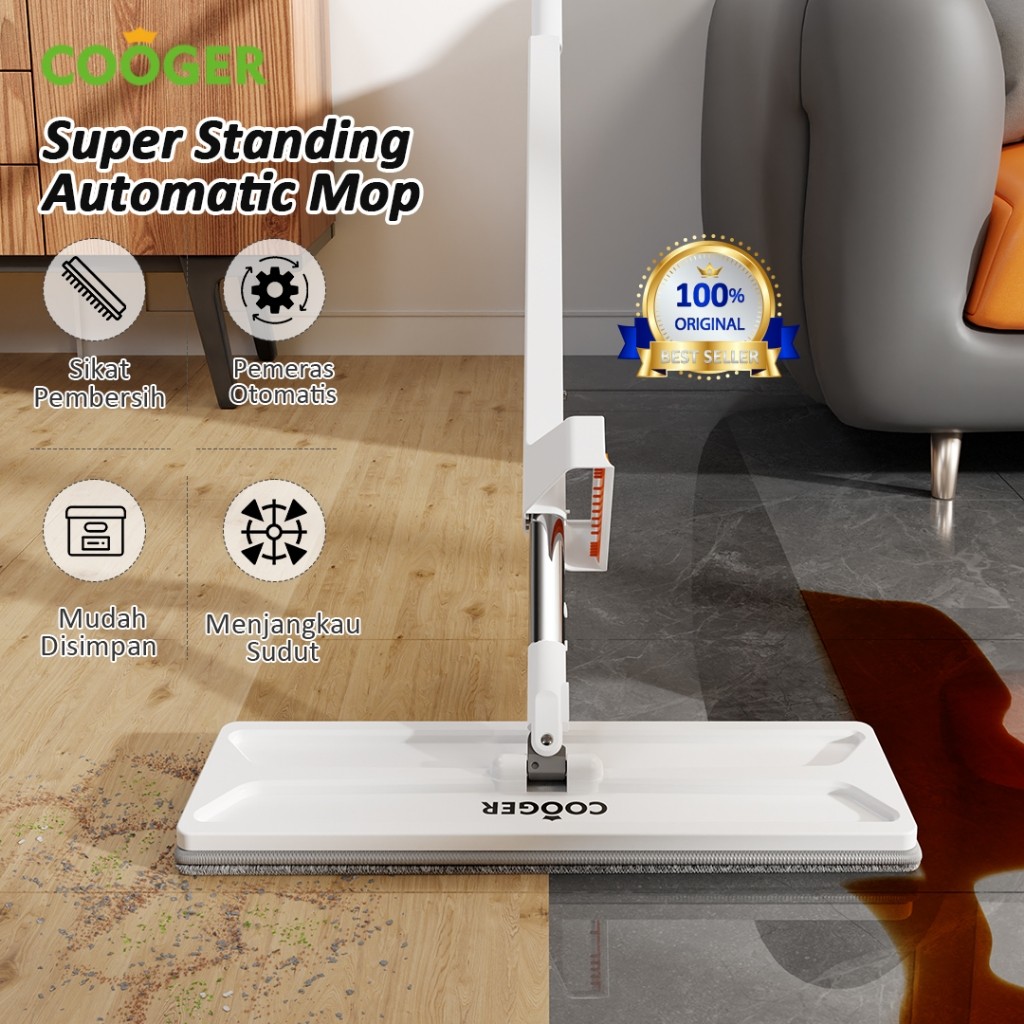 COOGER Alat Pel Standing Microfiber Mop Pel Lantai Tarik Otomatis Pel Peras Otomatis Standing Mop