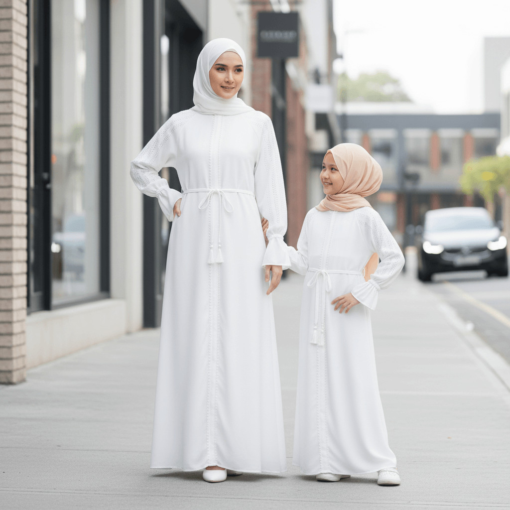 Abaya Couple Ibu Anak Muslim Hitam Putih 2026 Terbaru Lebaran Gamis Kids Mewah Mom Premium Remaja