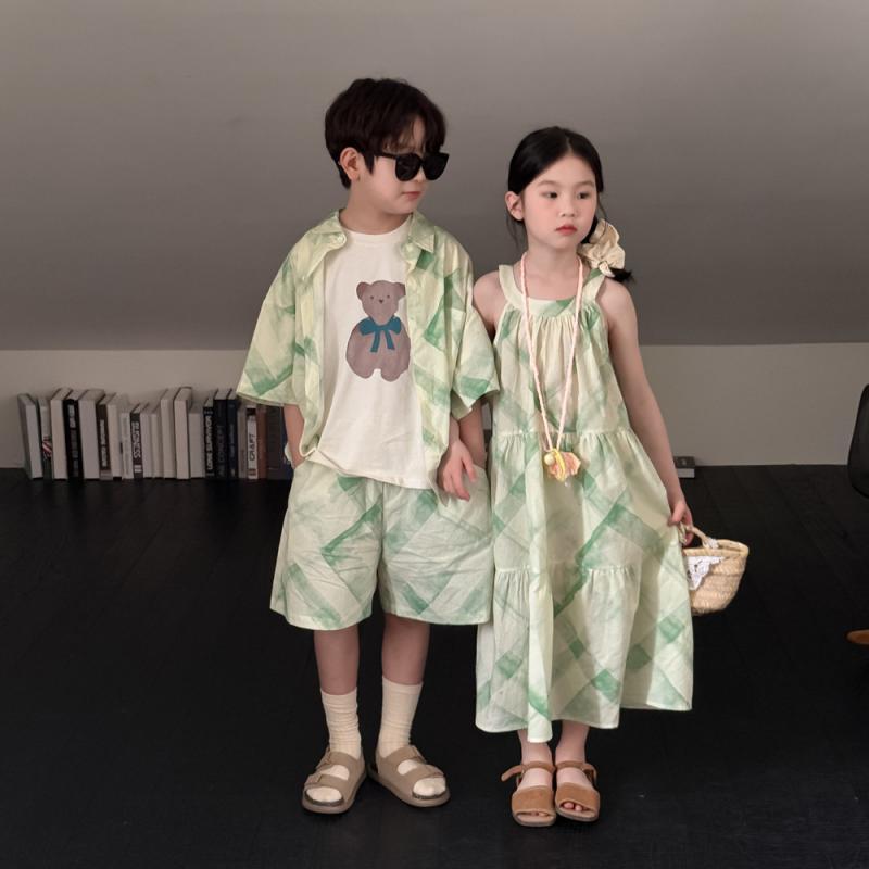 [COD]Anak-anak setelan kemeja kotak-kotak gaun leher gantung