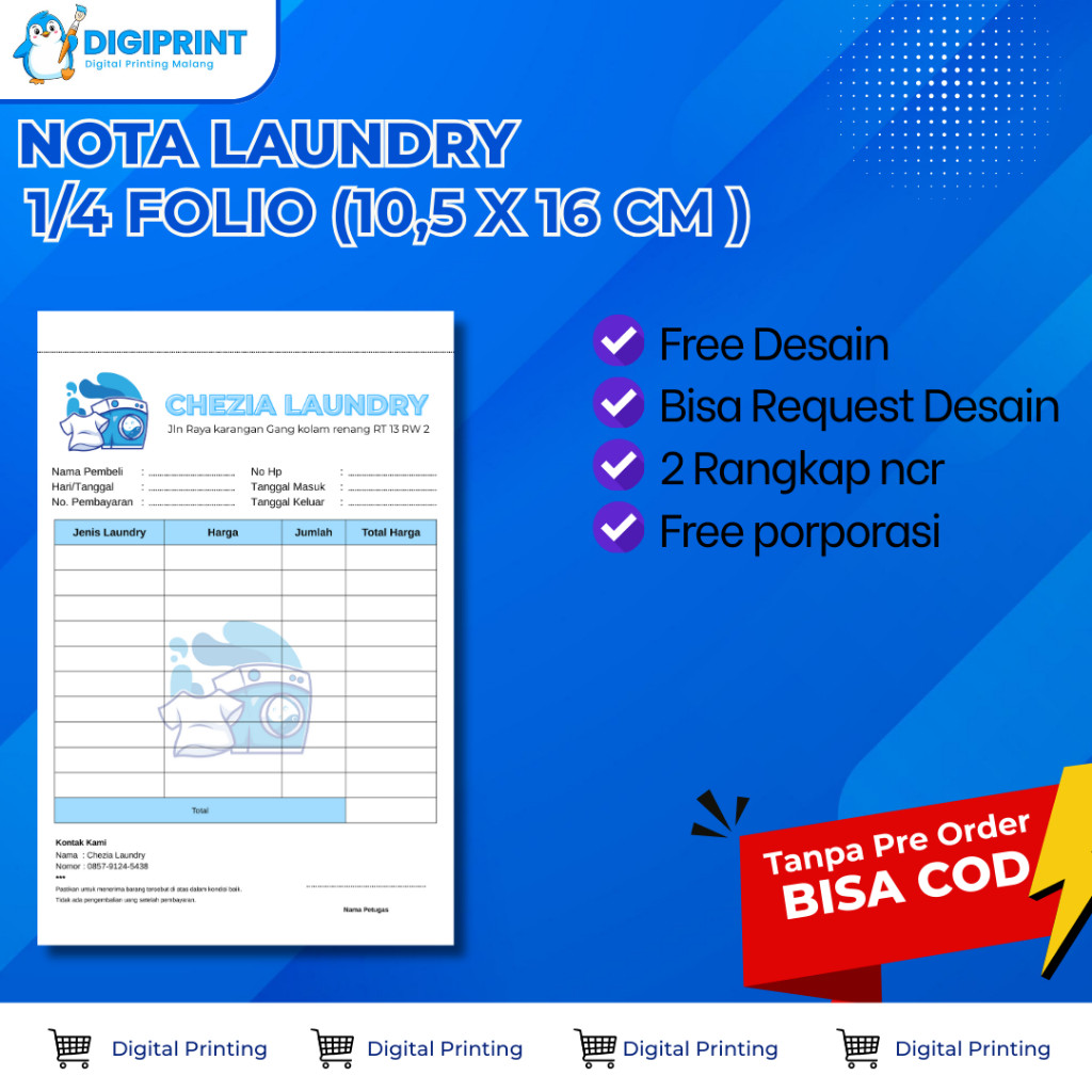 Nota laundry 1 Buku 50 Lembar Full Color free desain | nota laundry polos custom | free desain + por