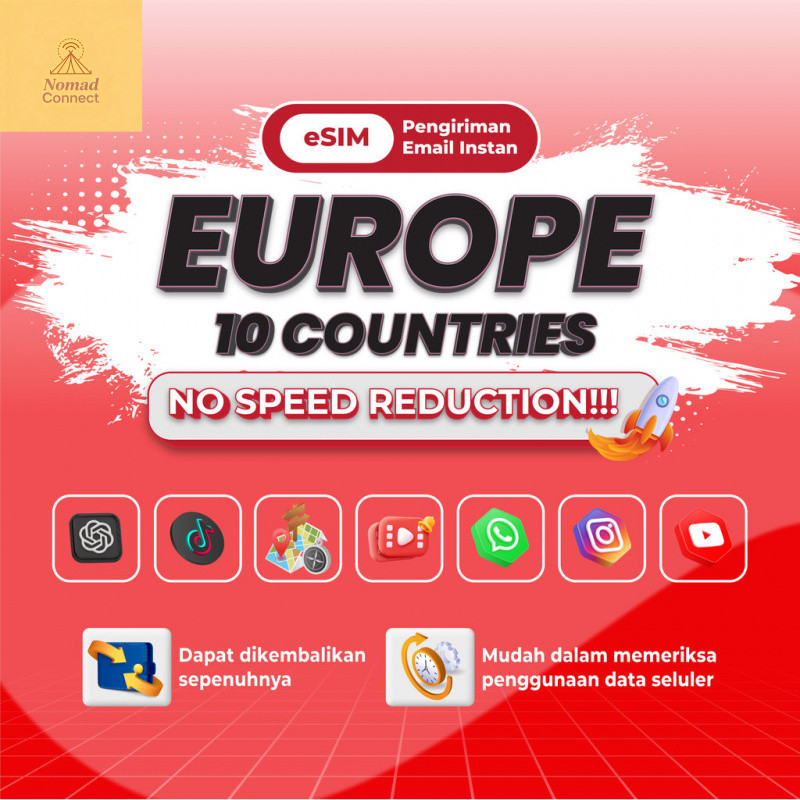 Nomad Europe 36+ Countries esim Roaming 5G Data 3-20GB 3-30Hari | High Speed Travel Data