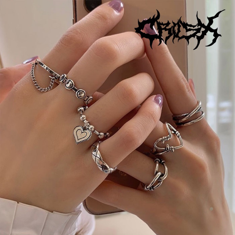 ESSE RING SET / 7PCS LOVE OVAL POLA HATI CHAIN RANTAI WIRE CINCIN HITAM SILVER / COUPLE RING CINCIN 