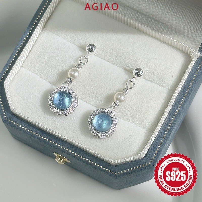 AGIAO Anting Panjang Wanita Perak 925 Safir 6mm Batu Bulan Dihiasi Zircon 5A Berkilau