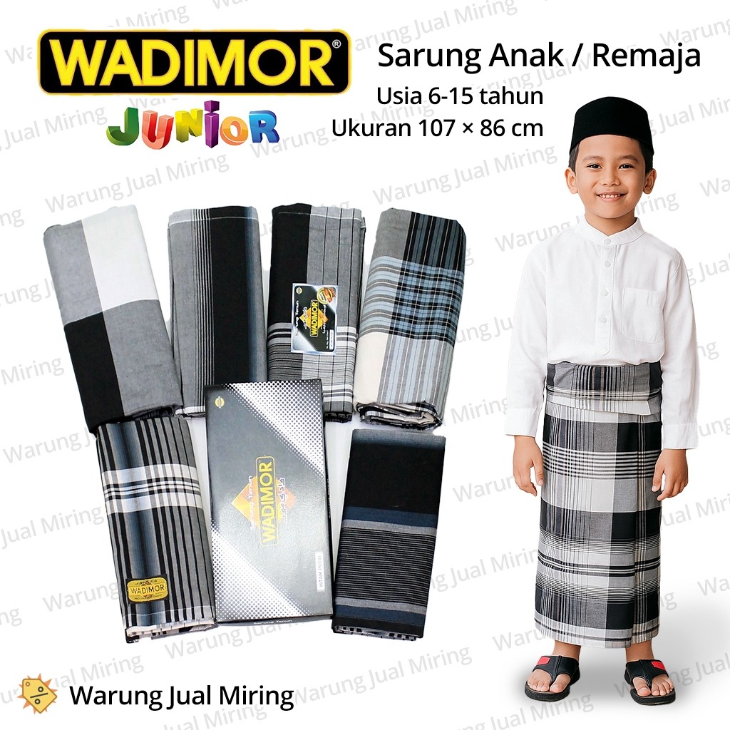Sarung Anak WADIMOR JUNIOR Motif HITAM PUTIH MONOKROM Kelas TK SD SMP Warna Kecil Laki Cowok Remaja 