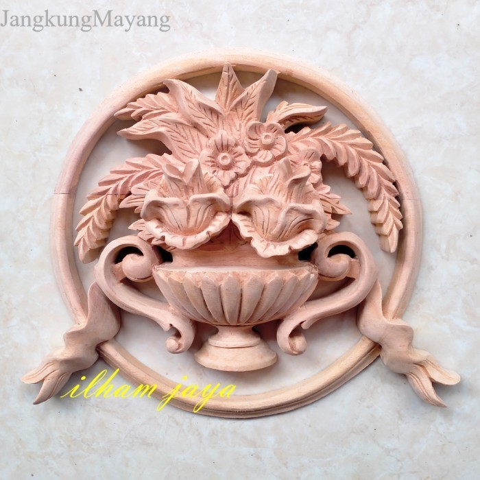 A ornamen ukir kayu jepara tempel dinding pintu motif bunga lingkaran murah