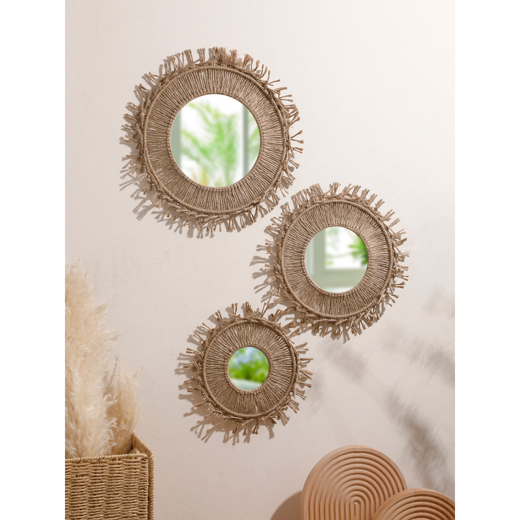 Brown Room Decorative Mirrors Wall Decor Boho Macrame Round Cosmetic Mirror Room Wall Mirror Woven M