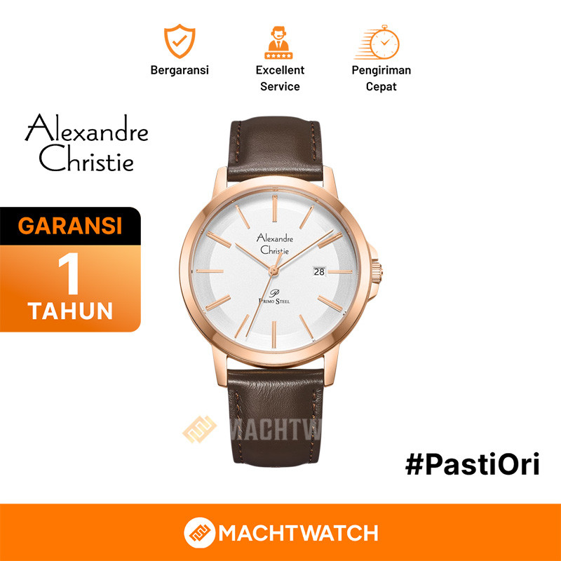 Jam Tangan Pria Alexandre Christie Primo Steel AC 1036 MD LRGSL Men Silver Dial Brown Leather Strap