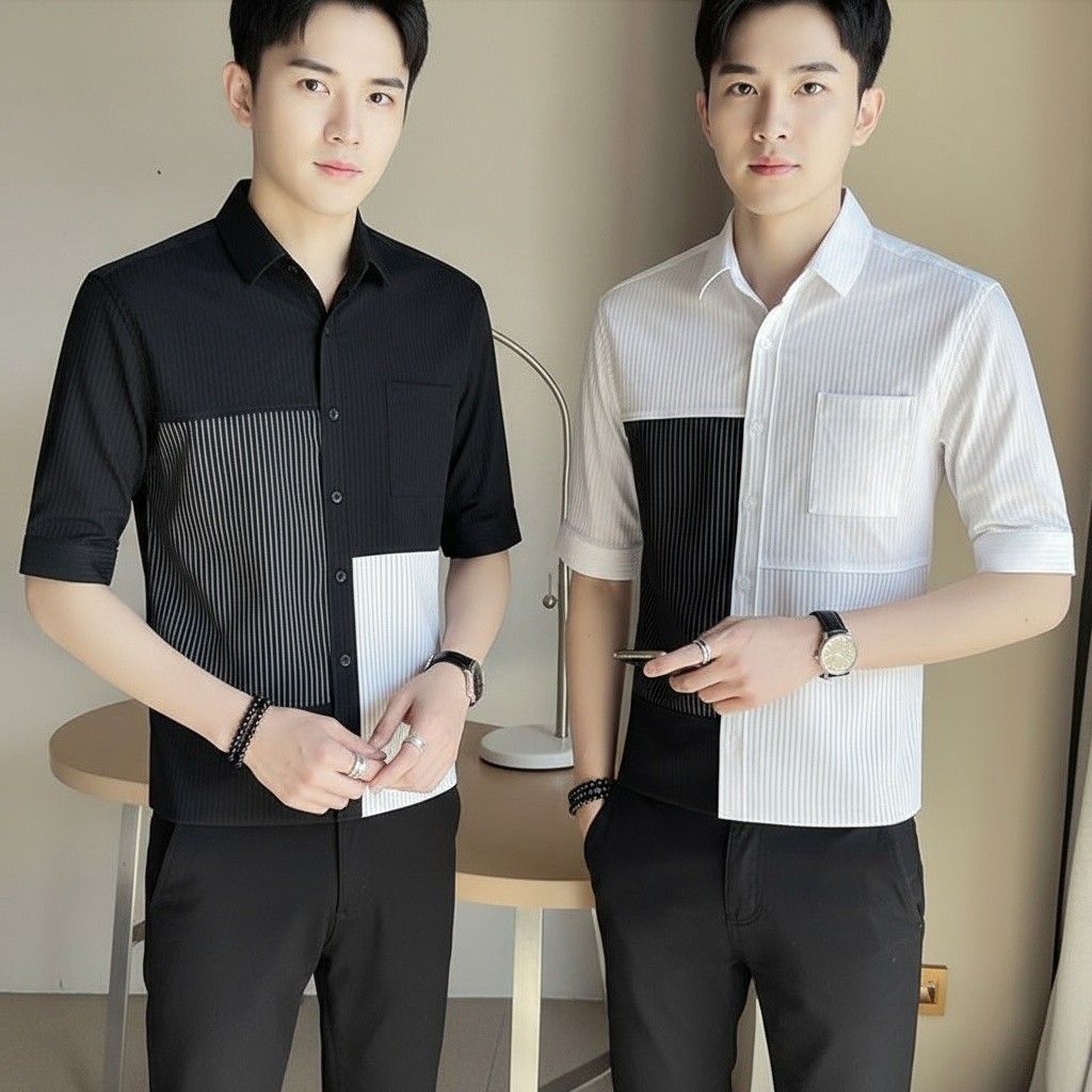 SYAZIAS Kemeja Pria Korean Style Garis Kontras – Kemeja Kasual Lengan Pendek Fashion Pria Kekinian S