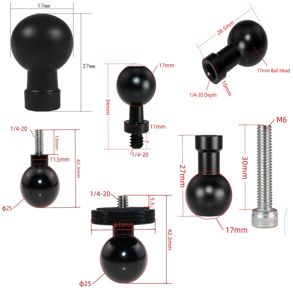 Adaptor Kepala Bola Aluminium Alloy 17mm/20mm/25mm ke 1/4 M6 untuk Dudukan RAM Garmin, Penyangga Pon