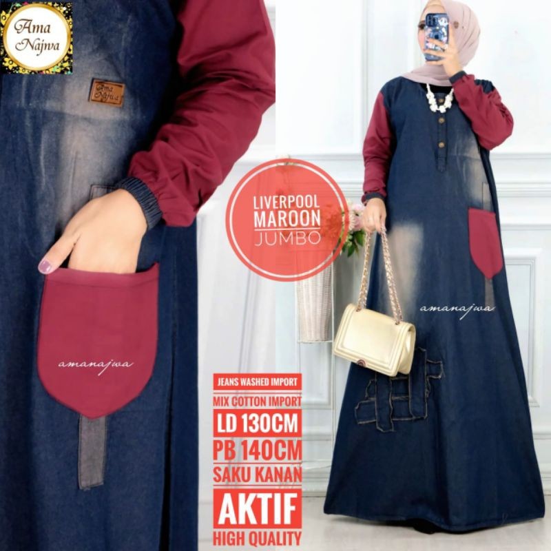 Liverpool Maxy Gamis Jeans Wanita Super Jumbo Big Size Dress LD 130 140 Bahan Jeans Washed Import Or