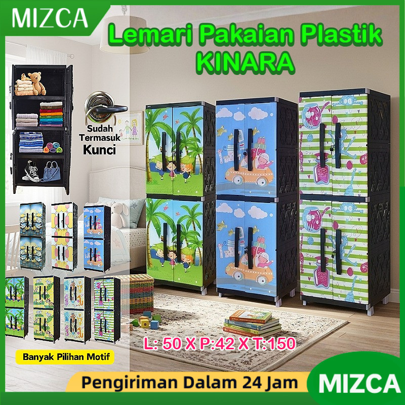 MIZCA Lemari Pakaian Susun Plastik KINARA Lemari Kunci Stiker Motif Karakter Rak Baju 50x42x150cm