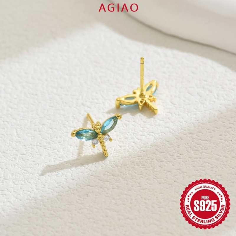 AGIAO Anting Stud Kupu-Kupu Kecil Wanita Warna Emas 18K Serangga Kecil Biru Zircon 5A