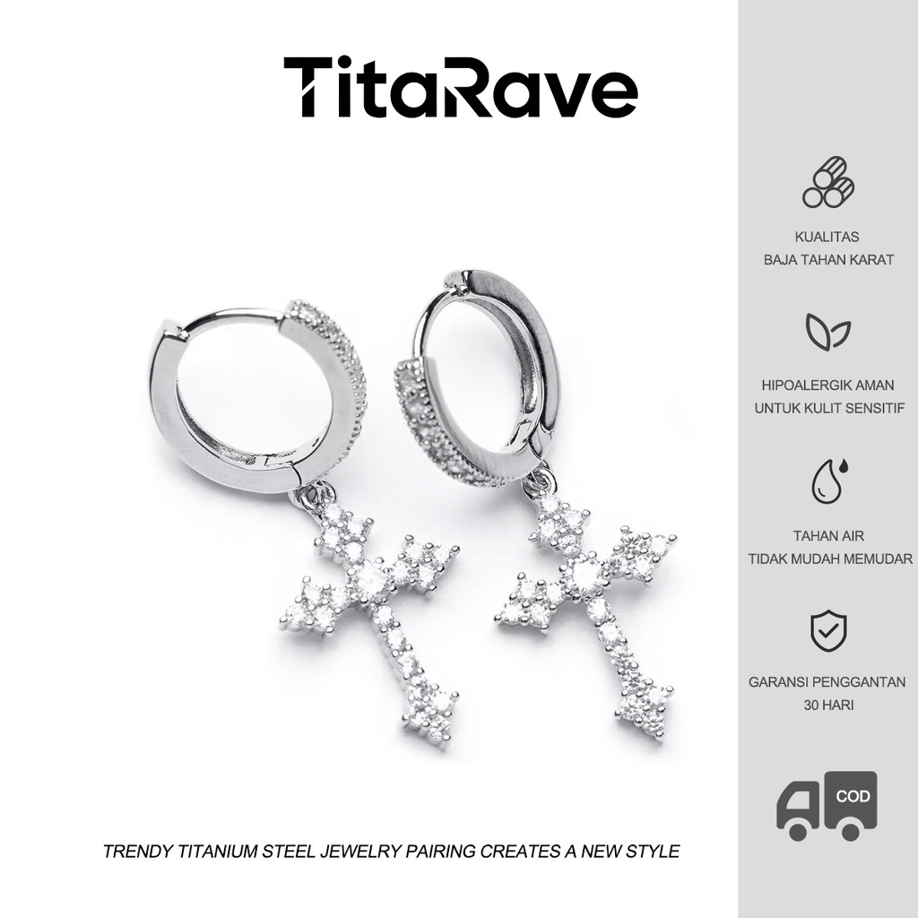 TitaRave Anting Telinga Titanium Baja Perak Salib Gantung Fashion Zirkon Bulat Wanita Pria Hip Hop